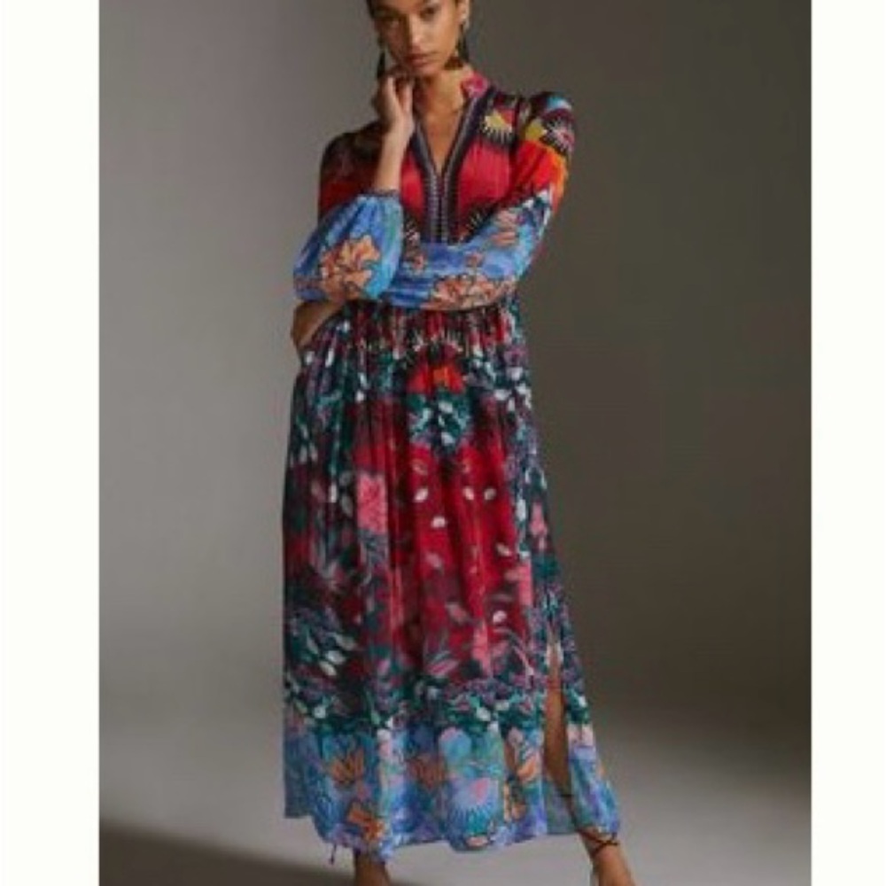 Elegant Floral Maxi Dress in Red and Blue